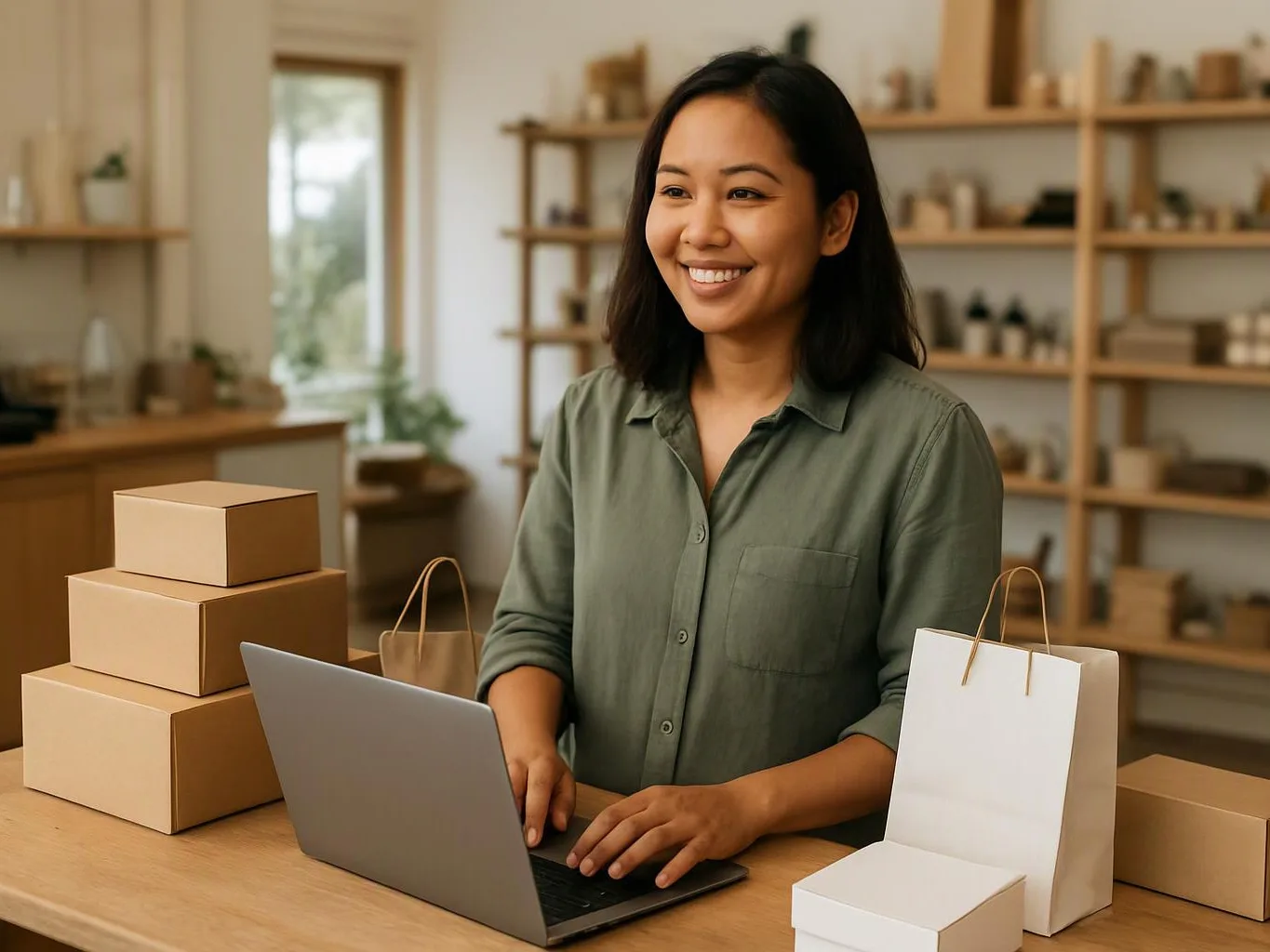 A smiling woman works on a laptop beside stacked shipping boxes and paper bags in a bright shop room