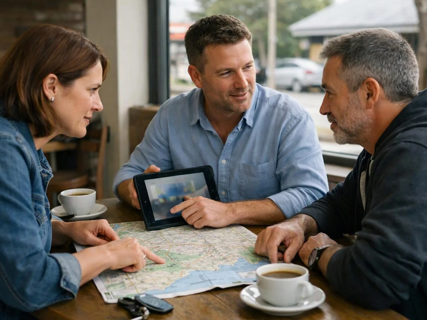 Three adults study a paper map and tablet together at a cafe table with coffee cups