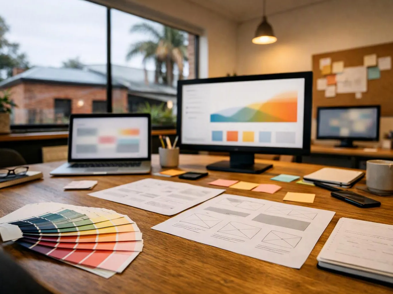 A tidy design workspace shows color swatches, wireframe sketches, a laptop, and two monitors on a wooden desk
