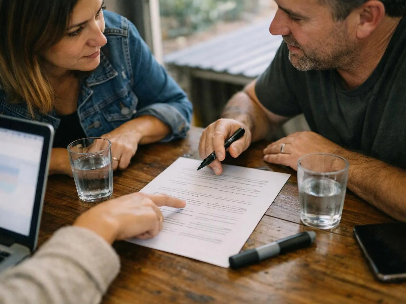 Two adults lean over a document on a wooden table while someone points at text and another holds a pen