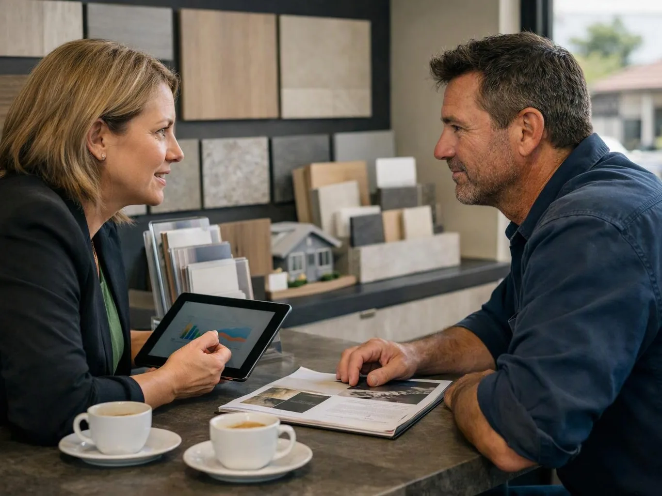 Two adults talk across a counter in a tile showroom, with tablets, coffee cups, and sample boards visible