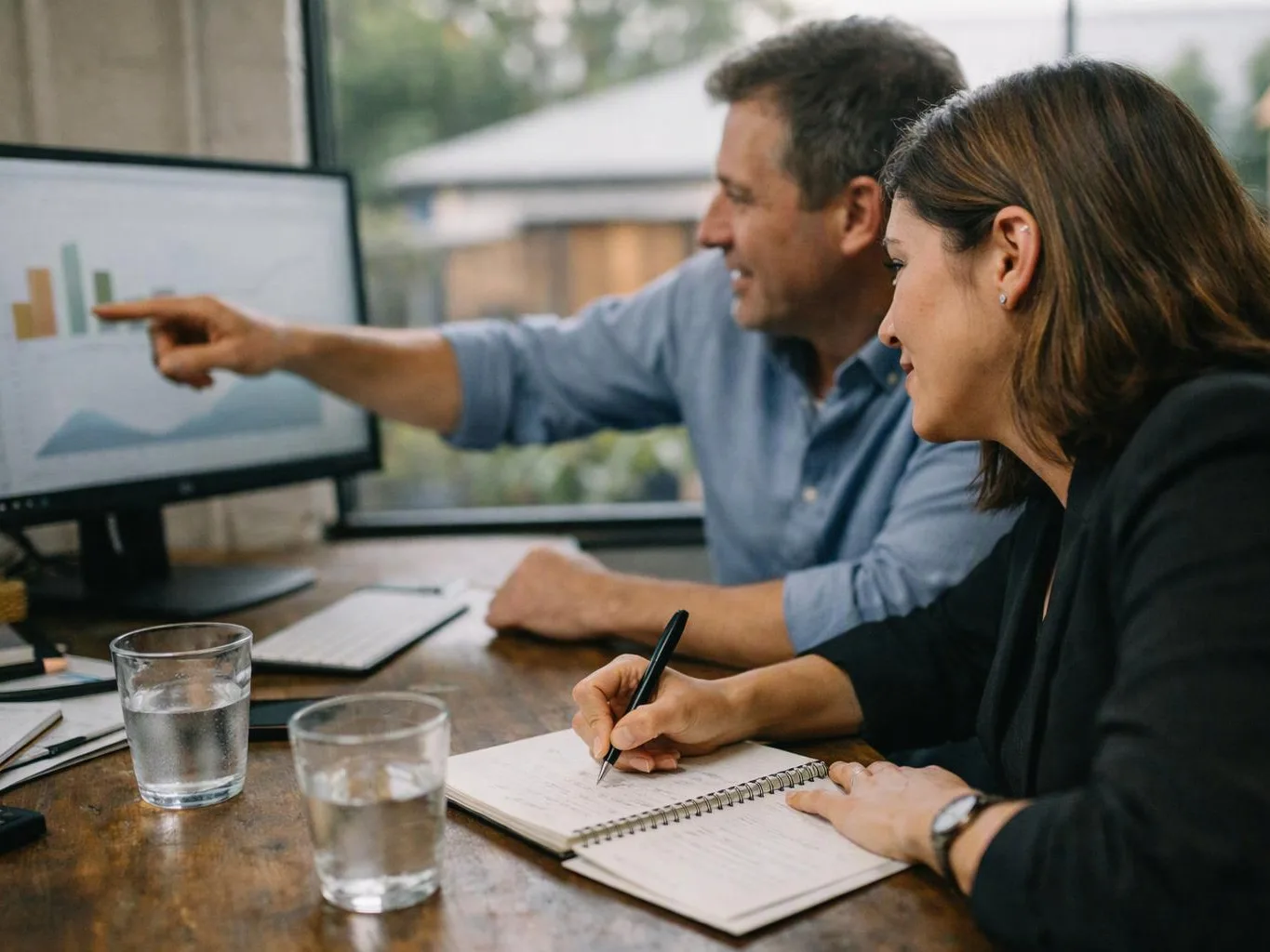 Two coworkers sit at a table, one points at a bar chart on a monitor while the other takes notes in a notebook