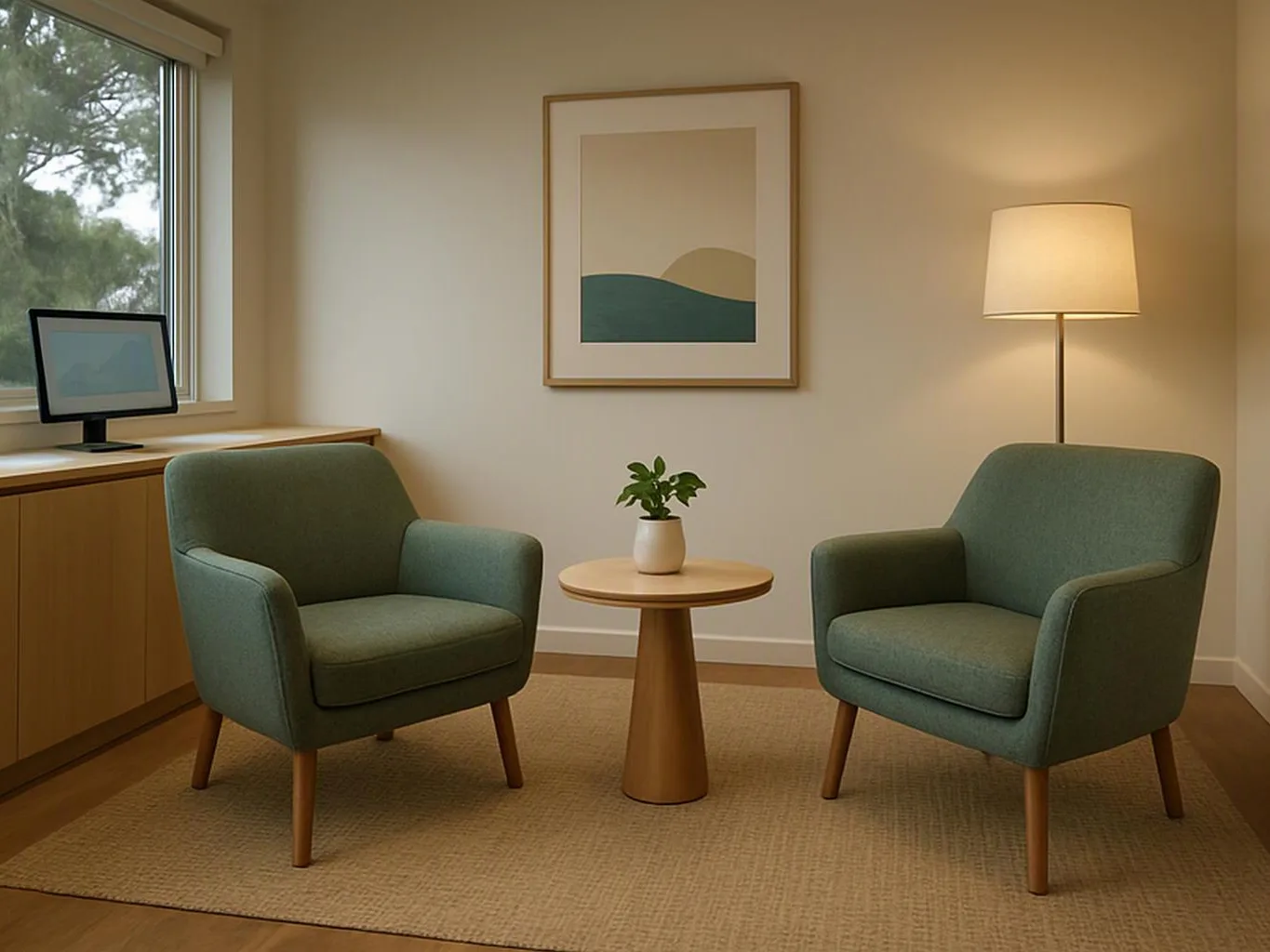 Two green armchairs face a small table in a calm room with a lamp, window, and framed artwork