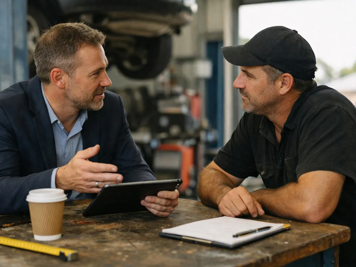 Two men talk across a workbench, one holding a tablet while cups, a notebook, and tools sit in a workshop