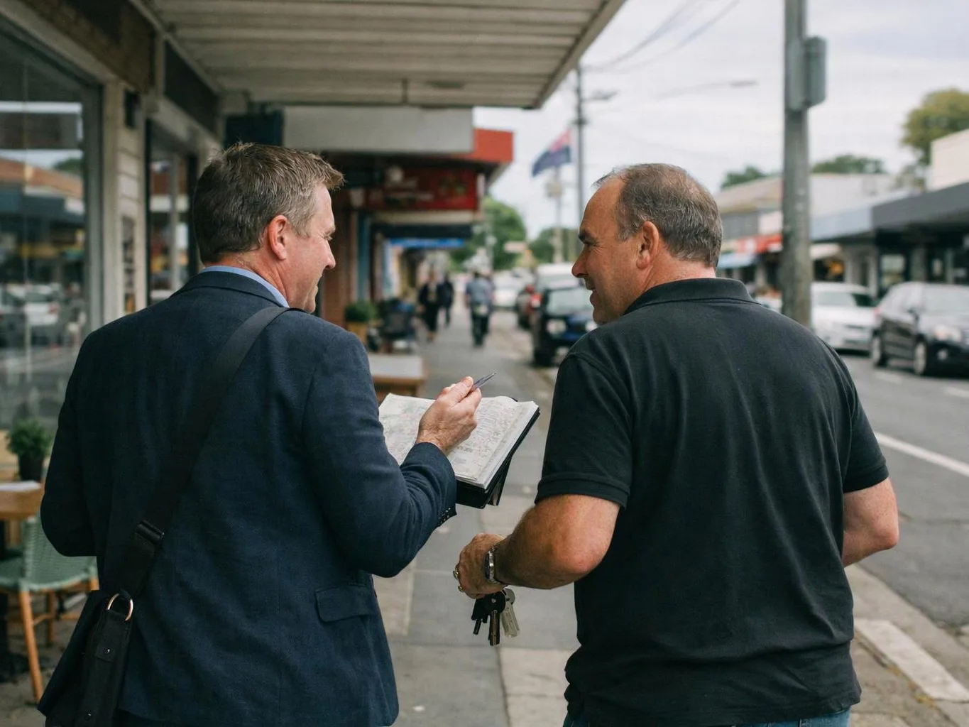 Two men walk along a sidewalk, talking while one points at a map on a clipboard
