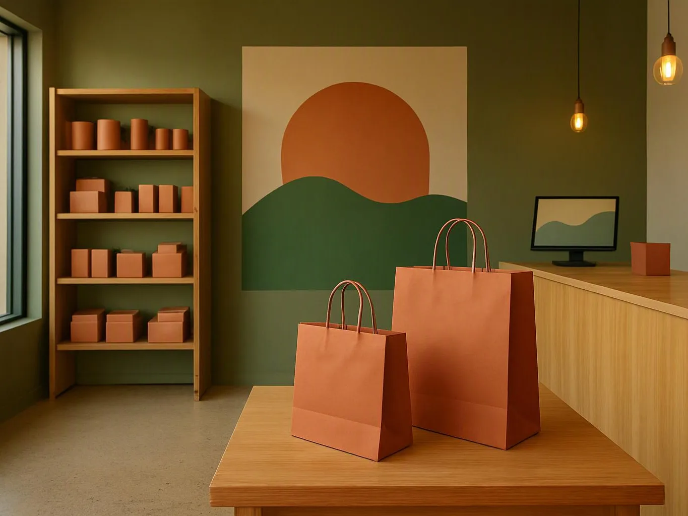 Two orange shopping bags sit on a wooden table in a minimalist shop with shelves and wall art