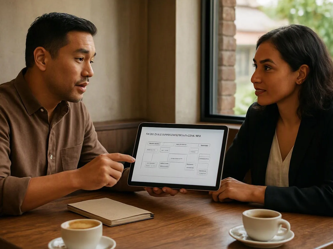 Two people discuss a tablet layout at a wooden table with coffee cups in a bright room