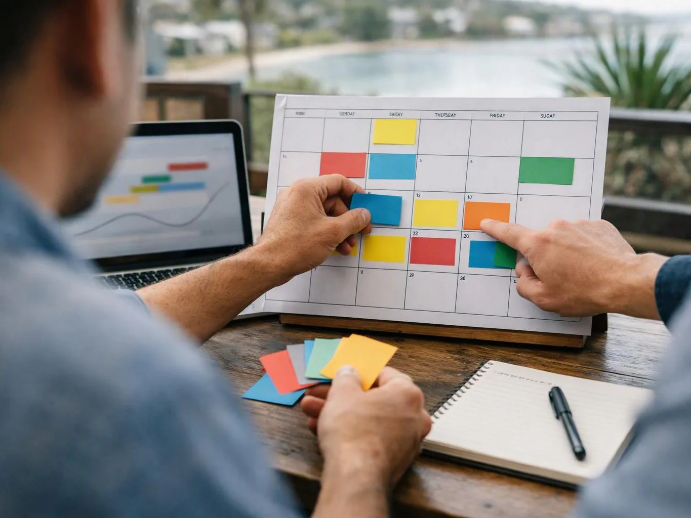 Two people place colorful sticky notes on a large wall calendar beside a laptop and notebook by a window