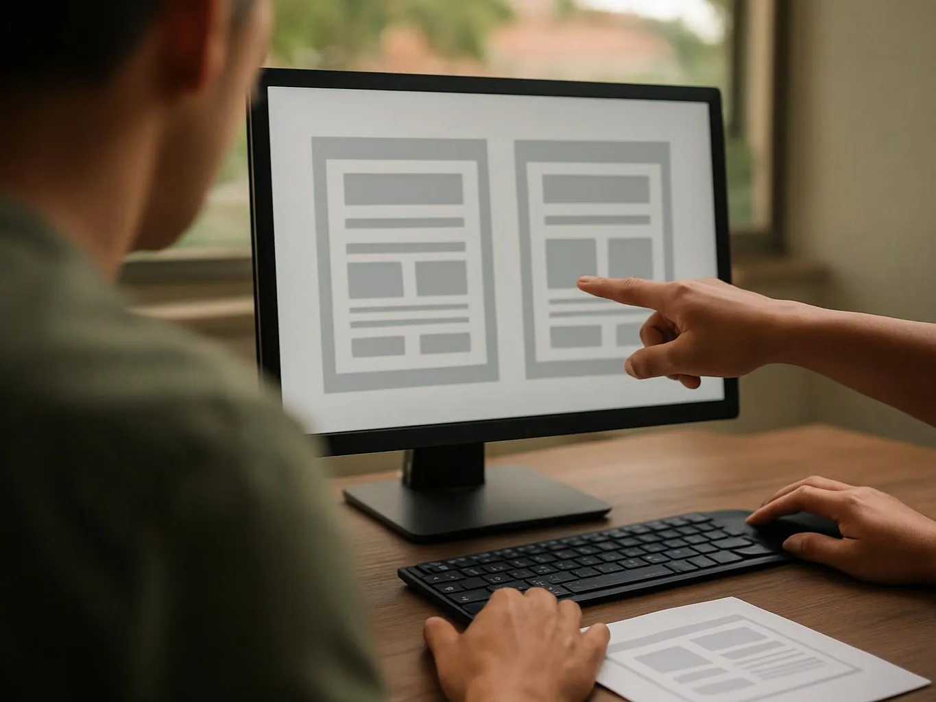 Two people point at a desktop monitor showing grey webpage wireframes on a desk with a keyboard