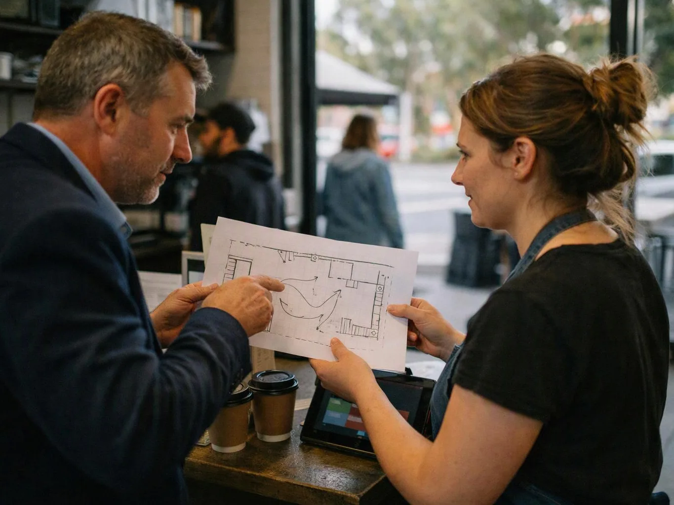 Two people review a floor plan at a café counter, with coffee cups and a tablet nearby