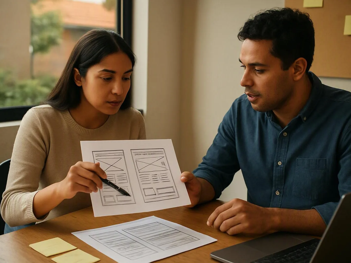Two people review paper website wireframes at a table, with a laptop and sticky notes nearby