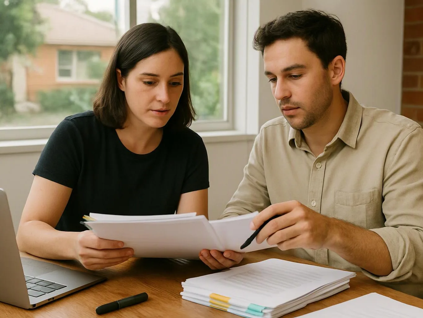 Two people review printed papers at a wooden table beside a laptop in a bright room
