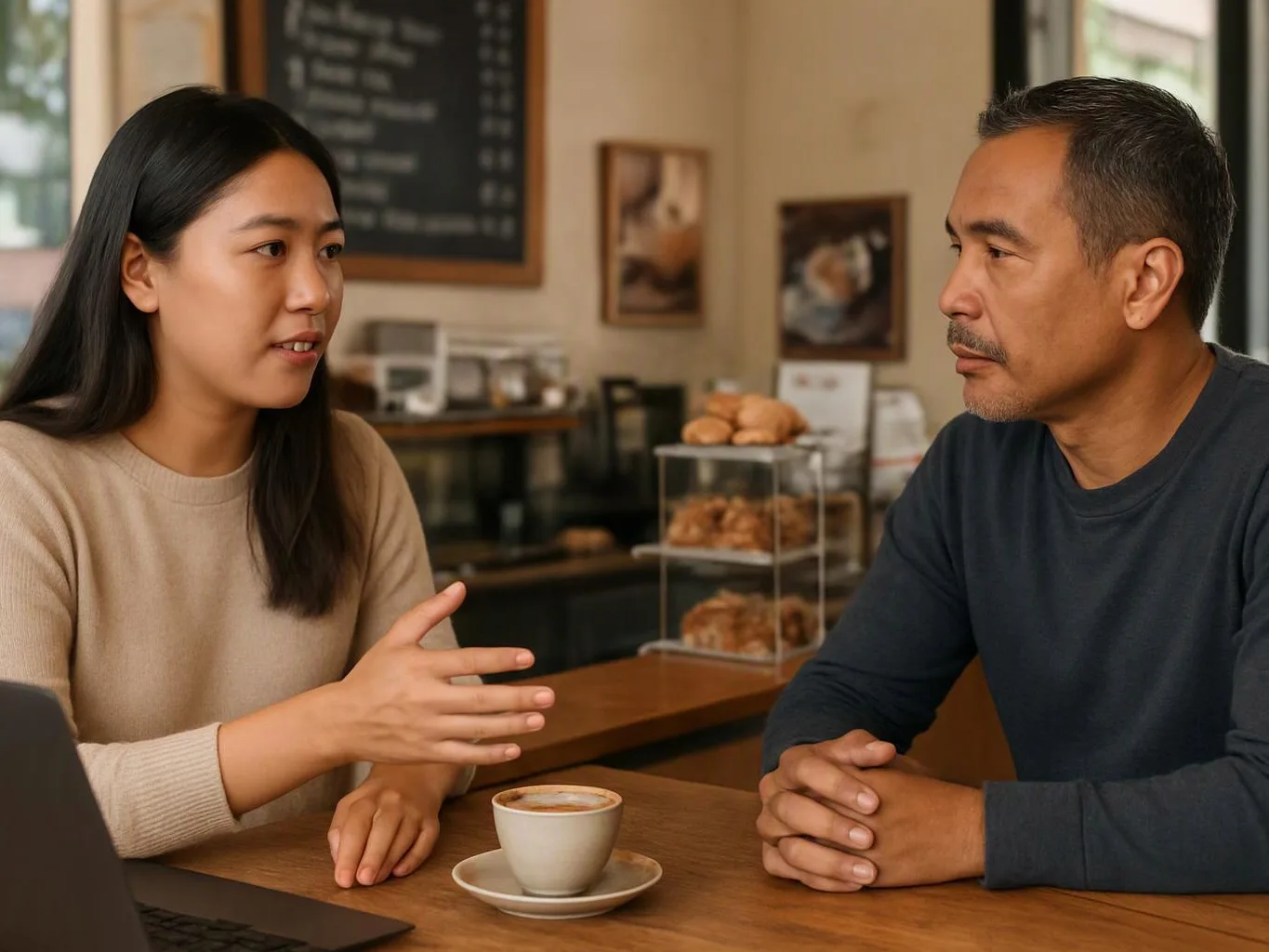 Two people sit at a café table, talking across a cup of coffee and a laptop