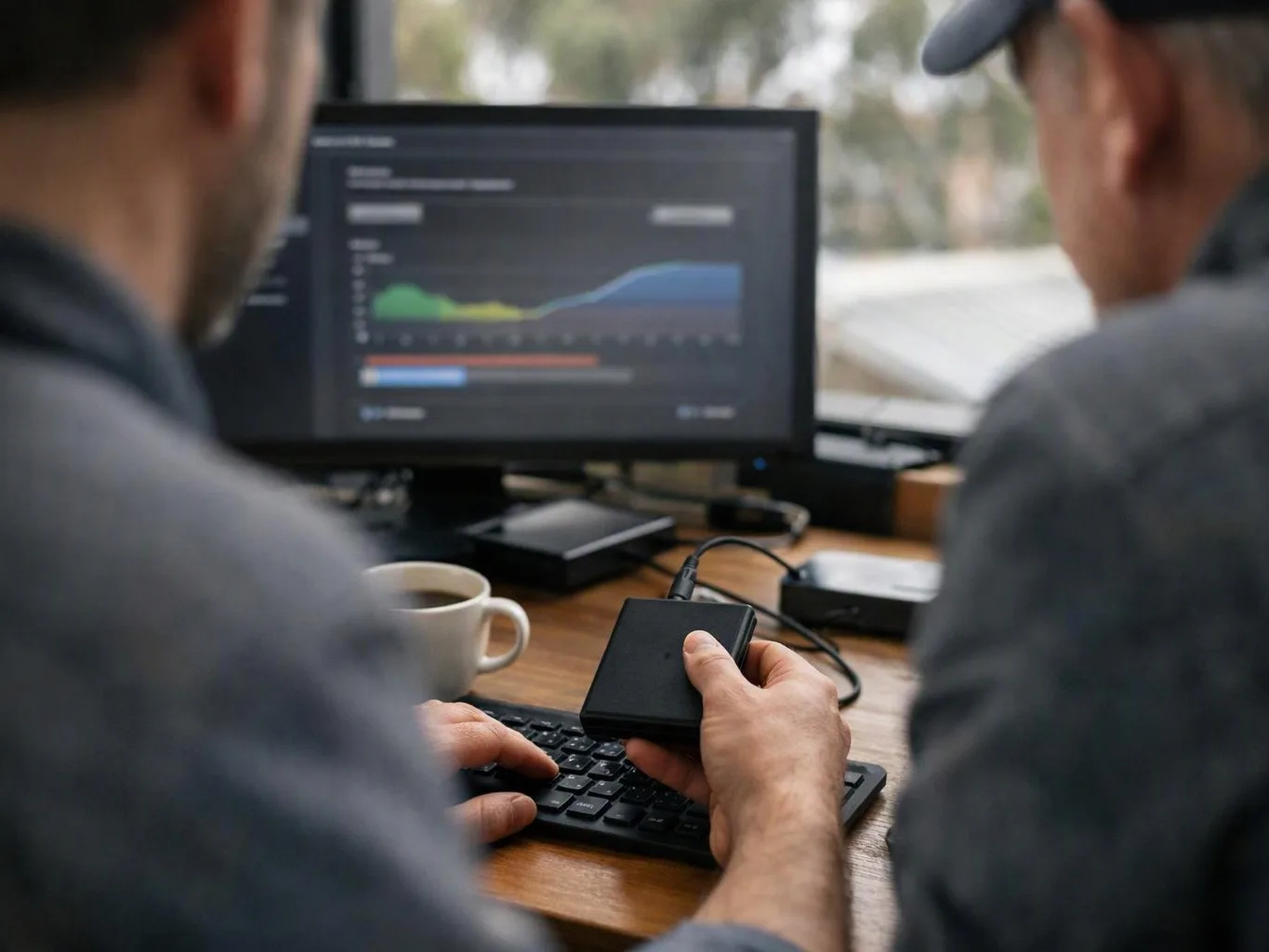 Two people sit at a desk, one holding a small black device while a monitor shows a line chart