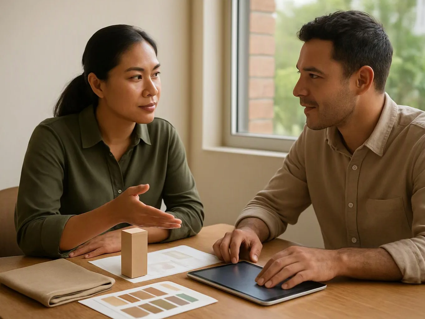 Two people sit at a table, discussing papers and a tablet beside a small wooden block near a window
