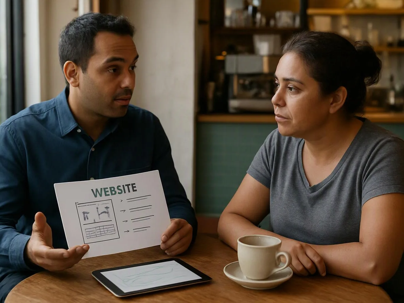 Two people sit at a table, looking at a website mockup and a tablet in a café