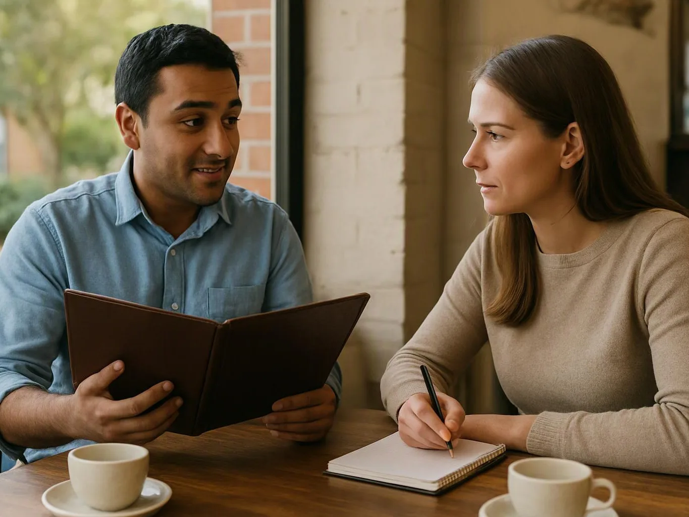 Two people sit at a table, one holding a menu and the other writing in a notebook beside coffee cups