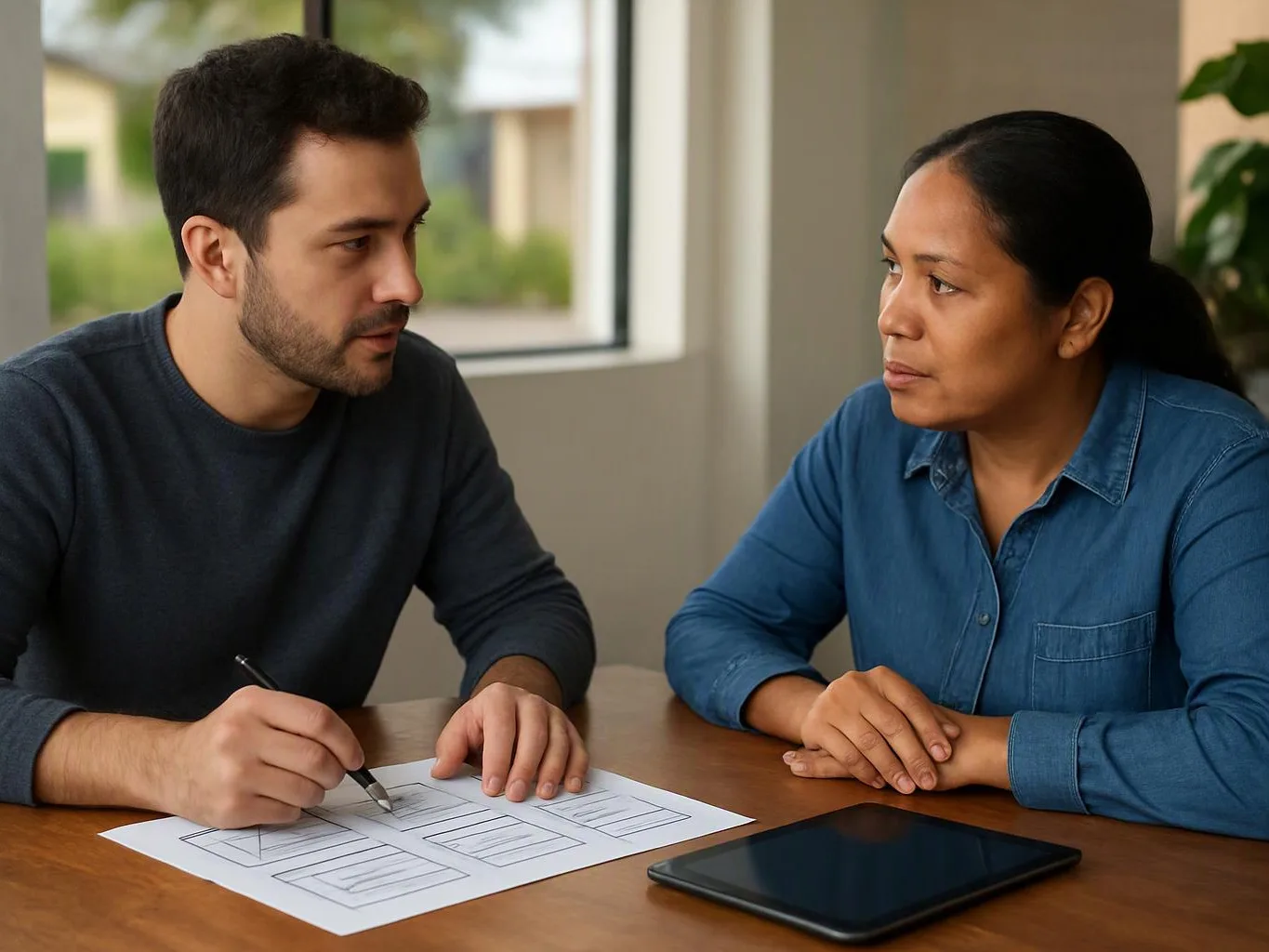 Two people sit at a table, one sketching on paper while they talk beside a tablet in a bright room