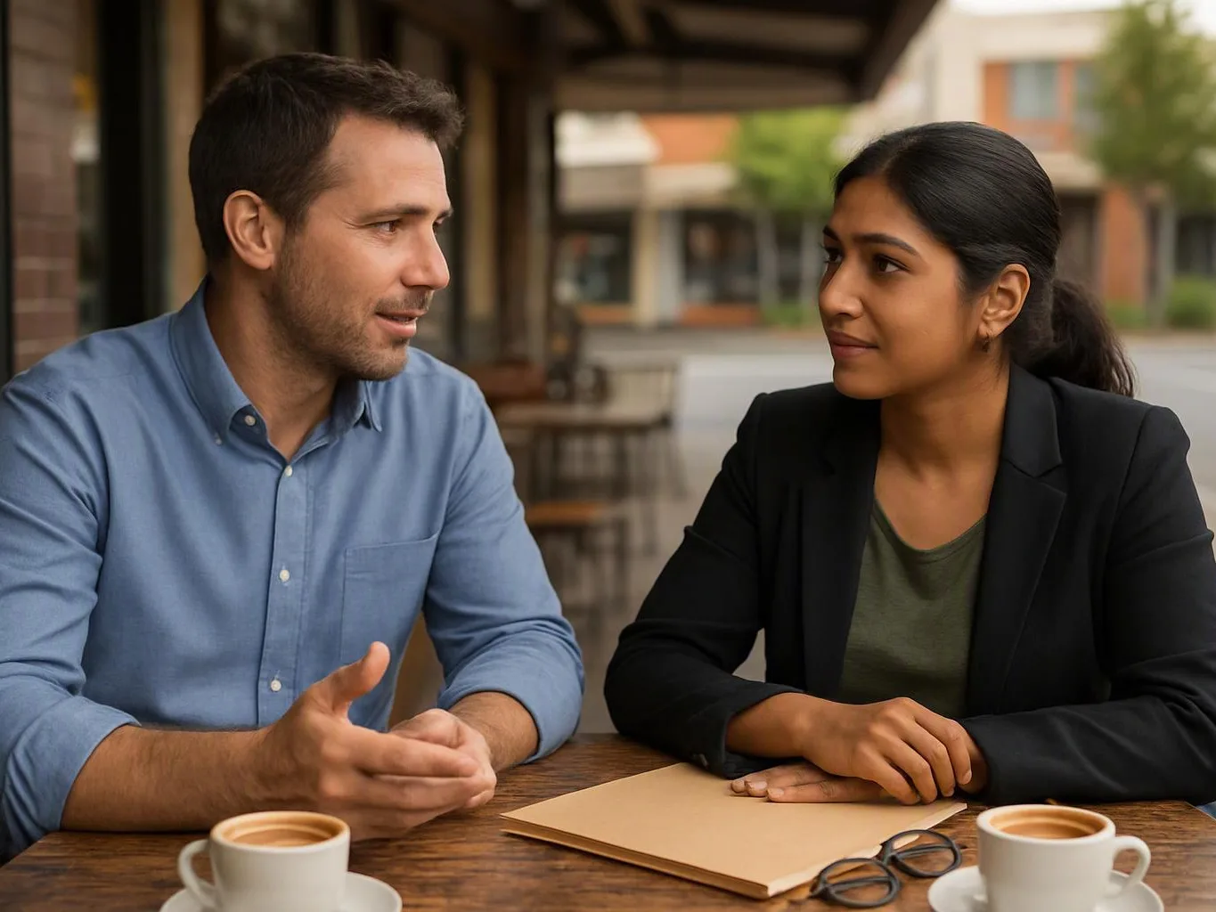 Two people sit at a table, talking across coffee cups and a folder on an outdoor patio