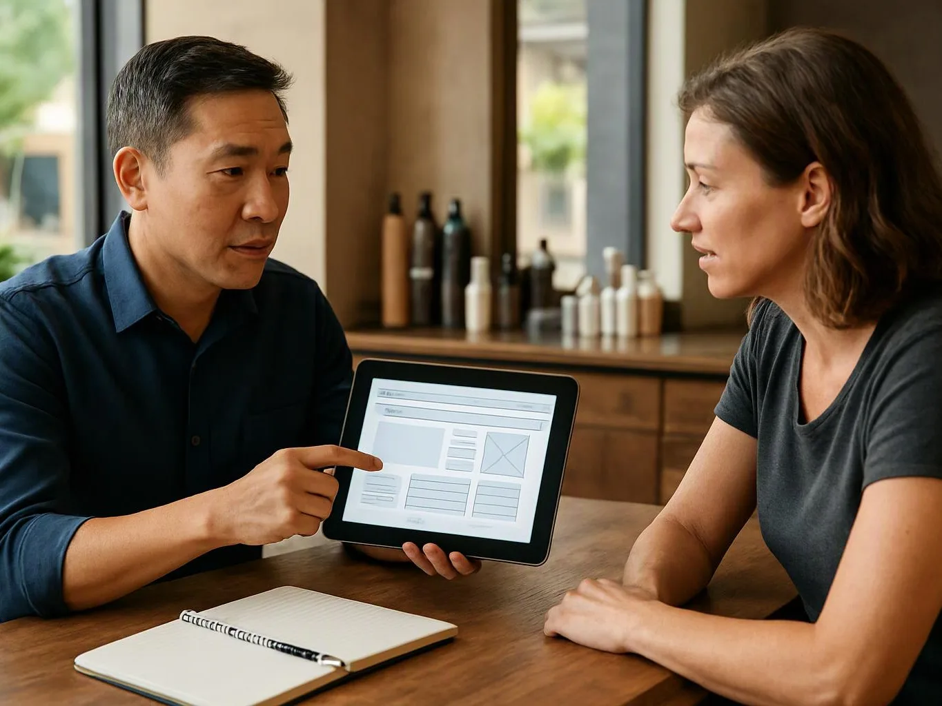 Two people sit at a wooden table, looking at a tablet with a wireframe screen and a notebook in front