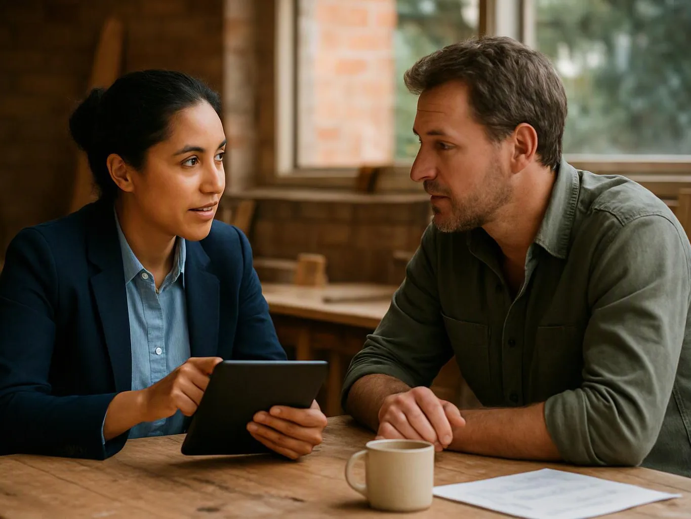 Two people sit at a wooden table, looking at a tablet and talking in a warm cafe-like room