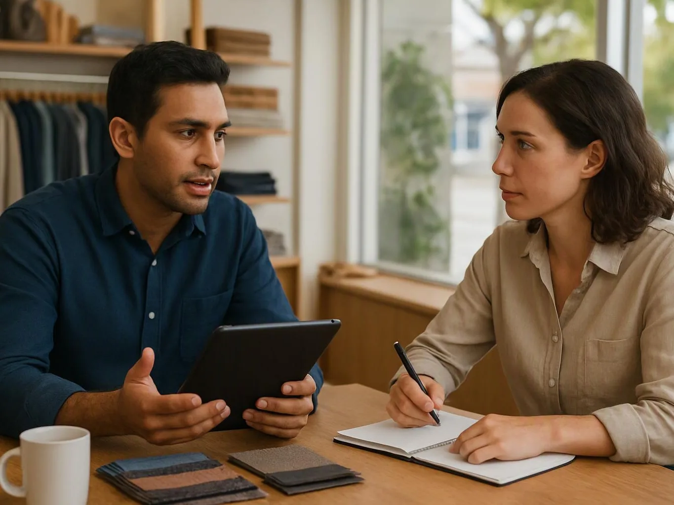 Two people sit at a wooden table, one holding a tablet while the other writes in a notebook in a bright shop-like room
