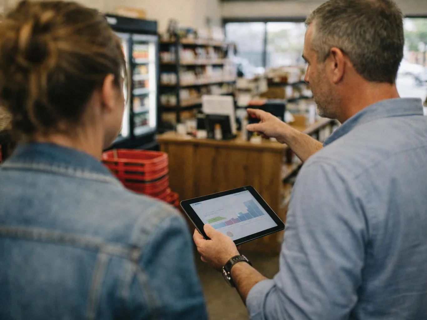 Two people stand in a shop aisle, one holding a tablet with charts while pointing ahead