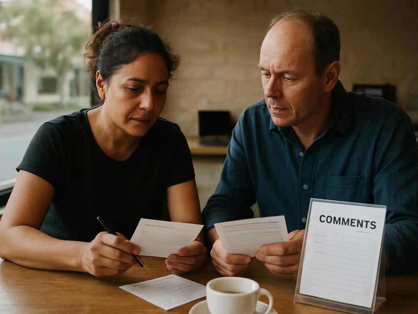 Two people study small cards at a table beside a cup and a COMMENTS sign indoors