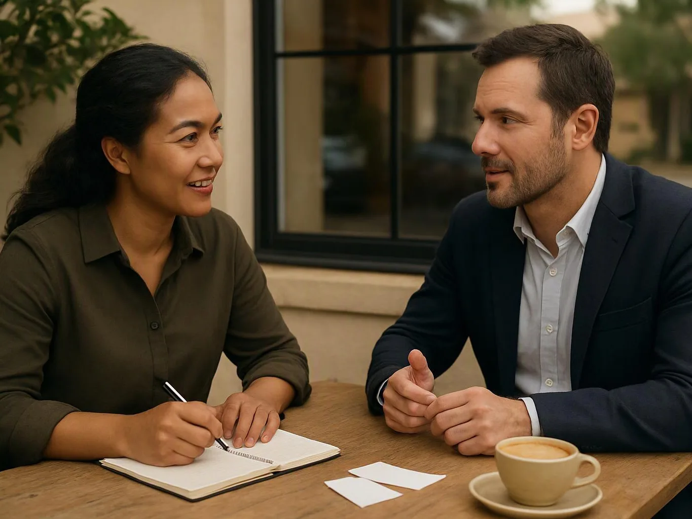 Two people talk across a wooden table, one writing in a notebook beside a cup of coffee