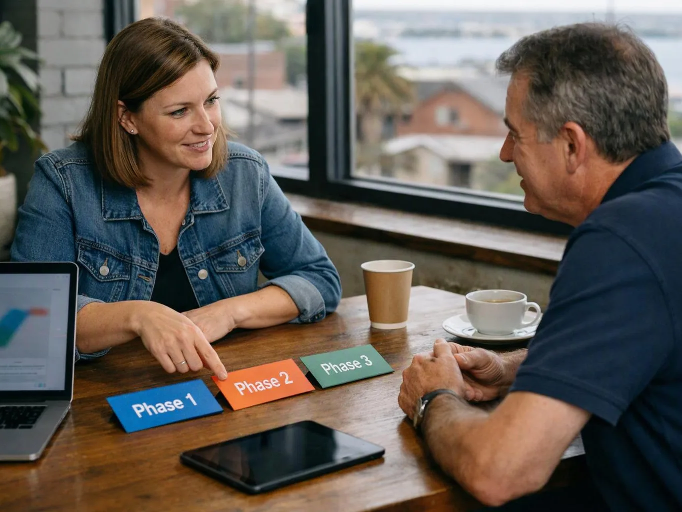 Two people talk across a wooden table, with phase cards, a laptop, cups, and a tablet in view