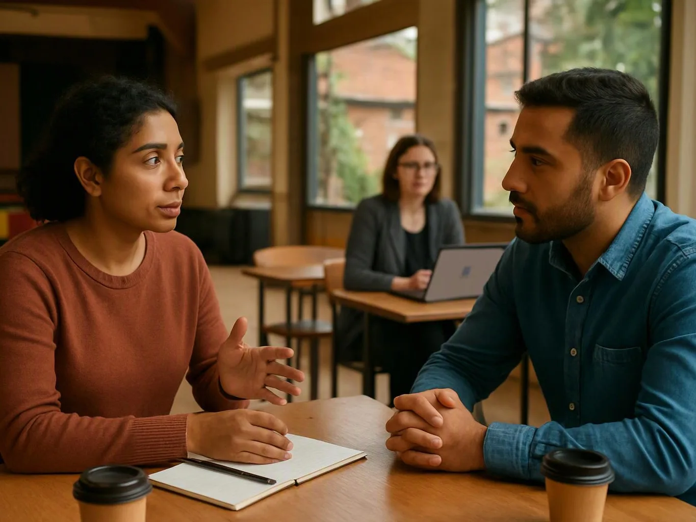 Two people talk across a wooden table while a third sits with a laptop in a bright room