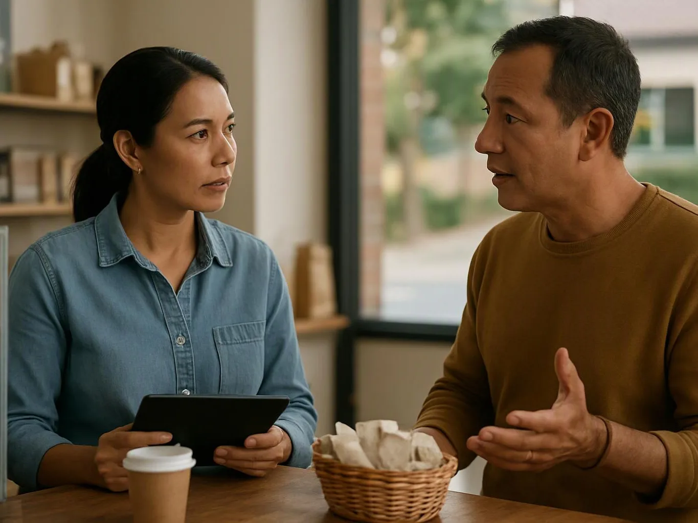 Two people talk at a table, one holding a tablet and the other gesturing beside a basket of napkins