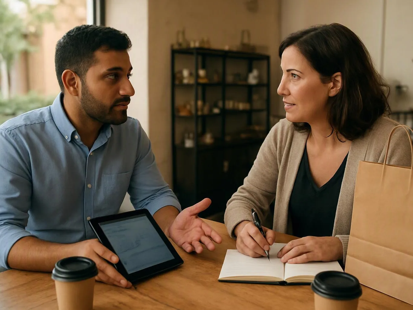Two people talk at a wooden table, with one holding a tablet and the other writing in a notebook