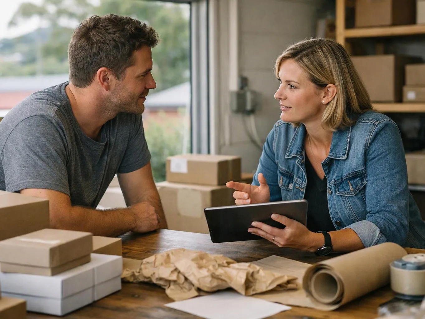 Two people talk at a worktable with boxes, packing paper, and a tablet in a storage room