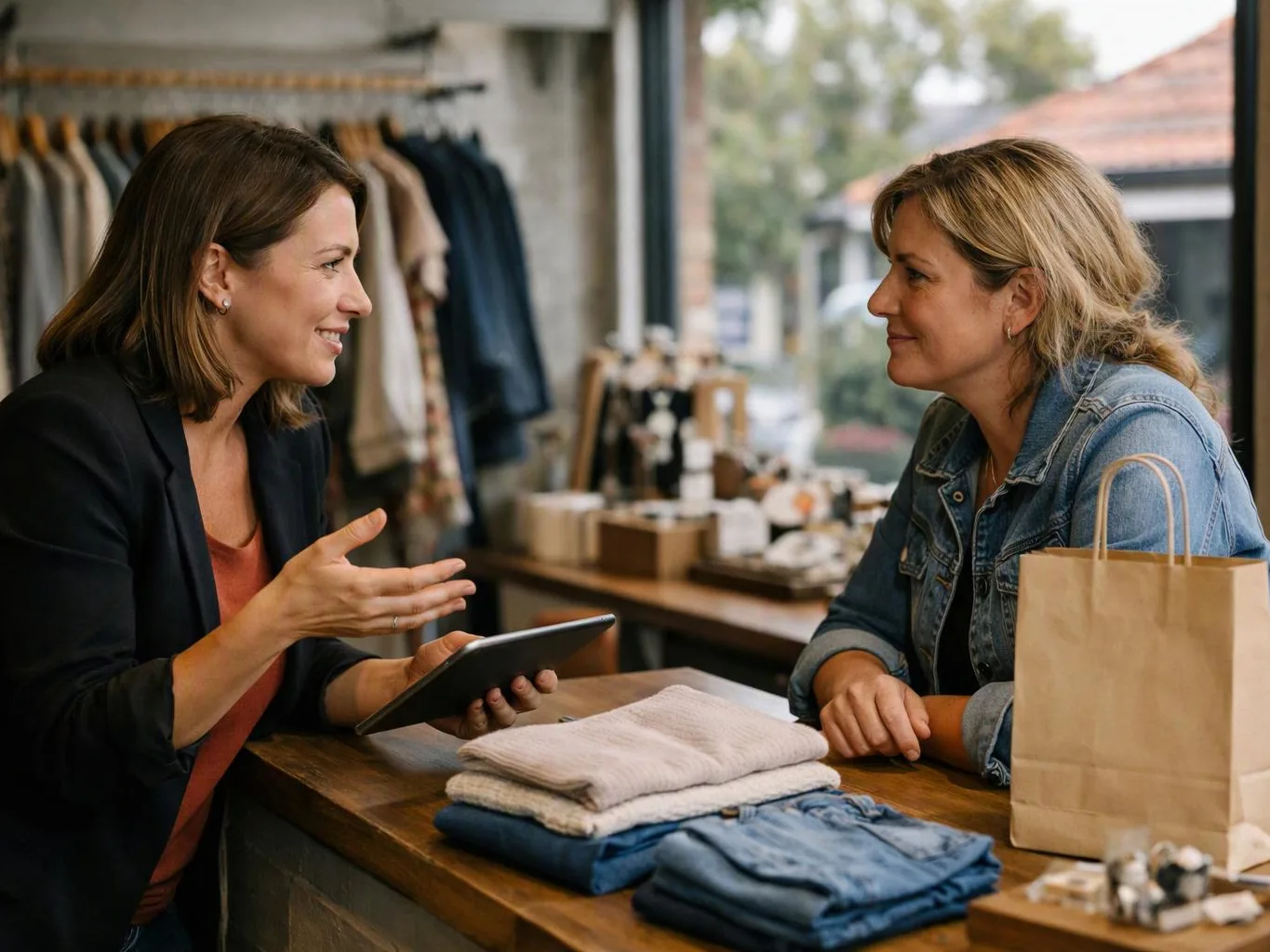 Two women talk across a shop counter with folded clothes, a tablet, and a paper bag on the table