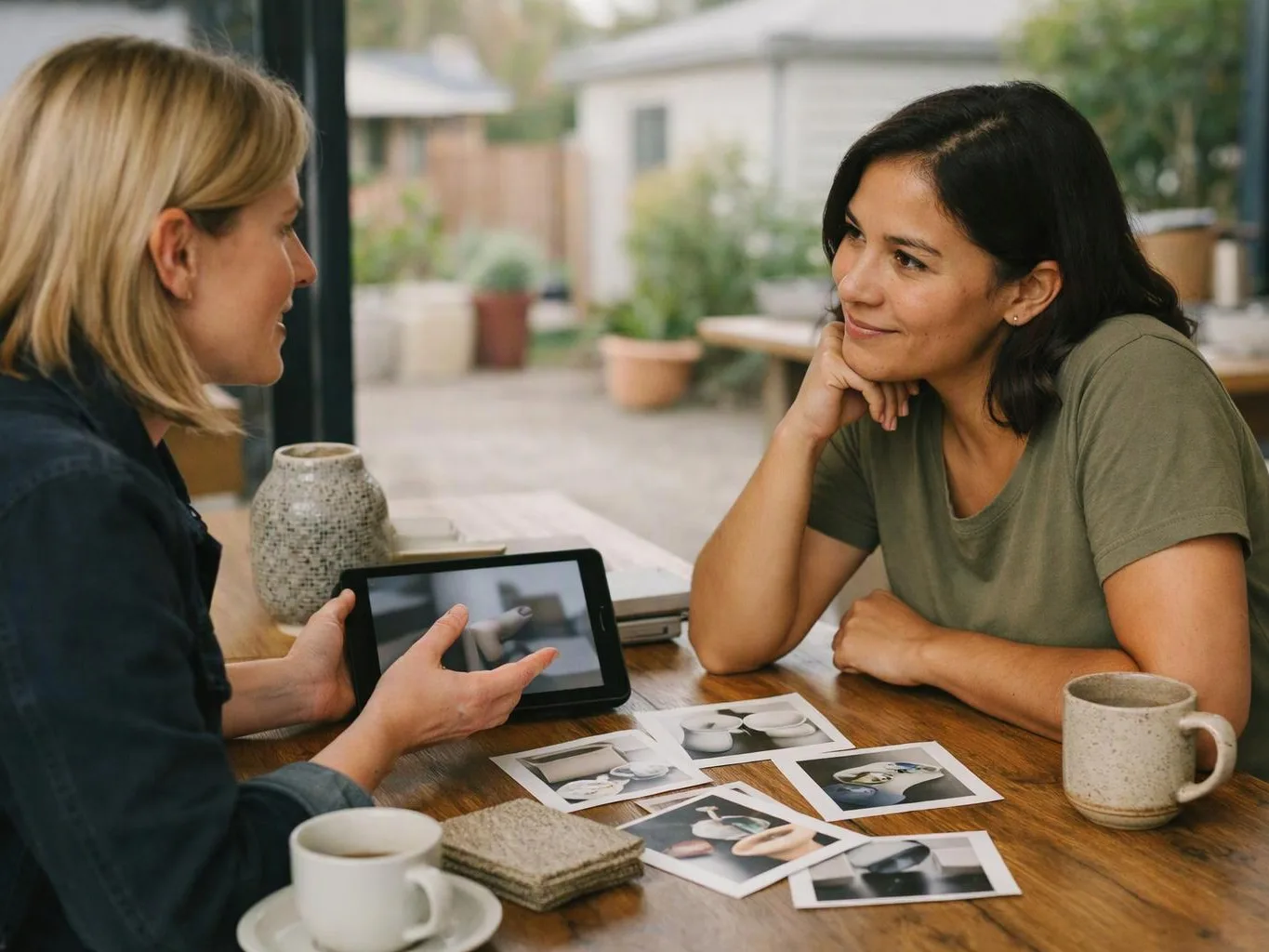 Two women talk across a wooden table with printed photos, a tablet, mugs, and a cozy garden view behind them