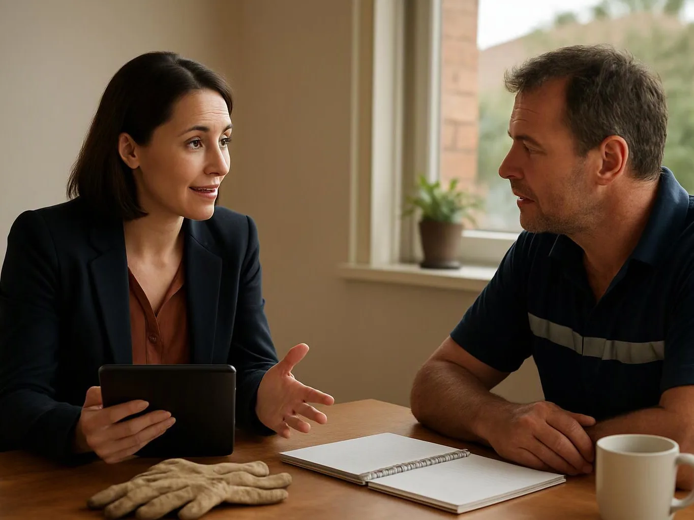 A woman gestures with a tablet while talking to a man across a table in a bright room