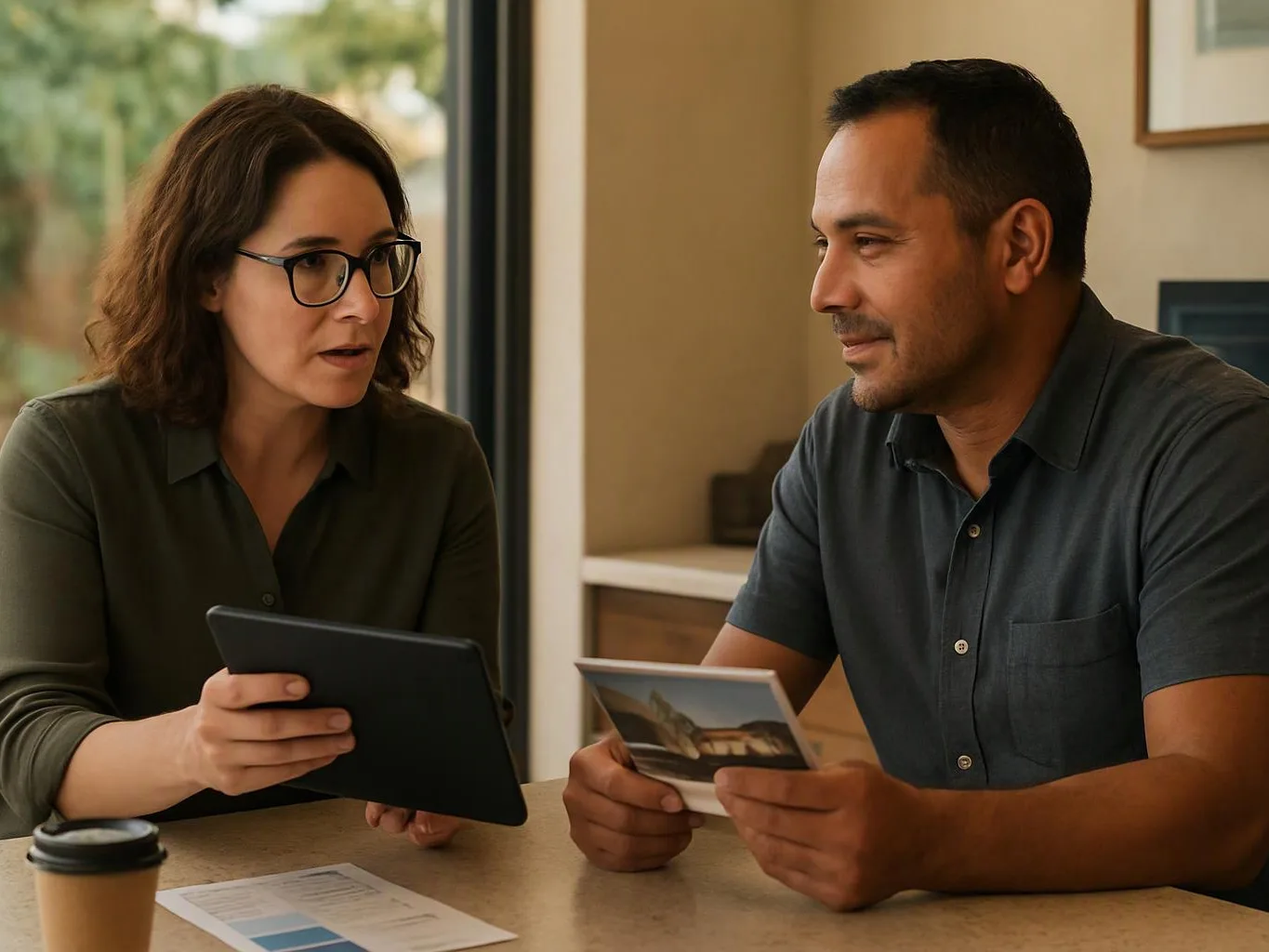 A woman with glasses shows a tablet to a man holding a photo at a kitchen table