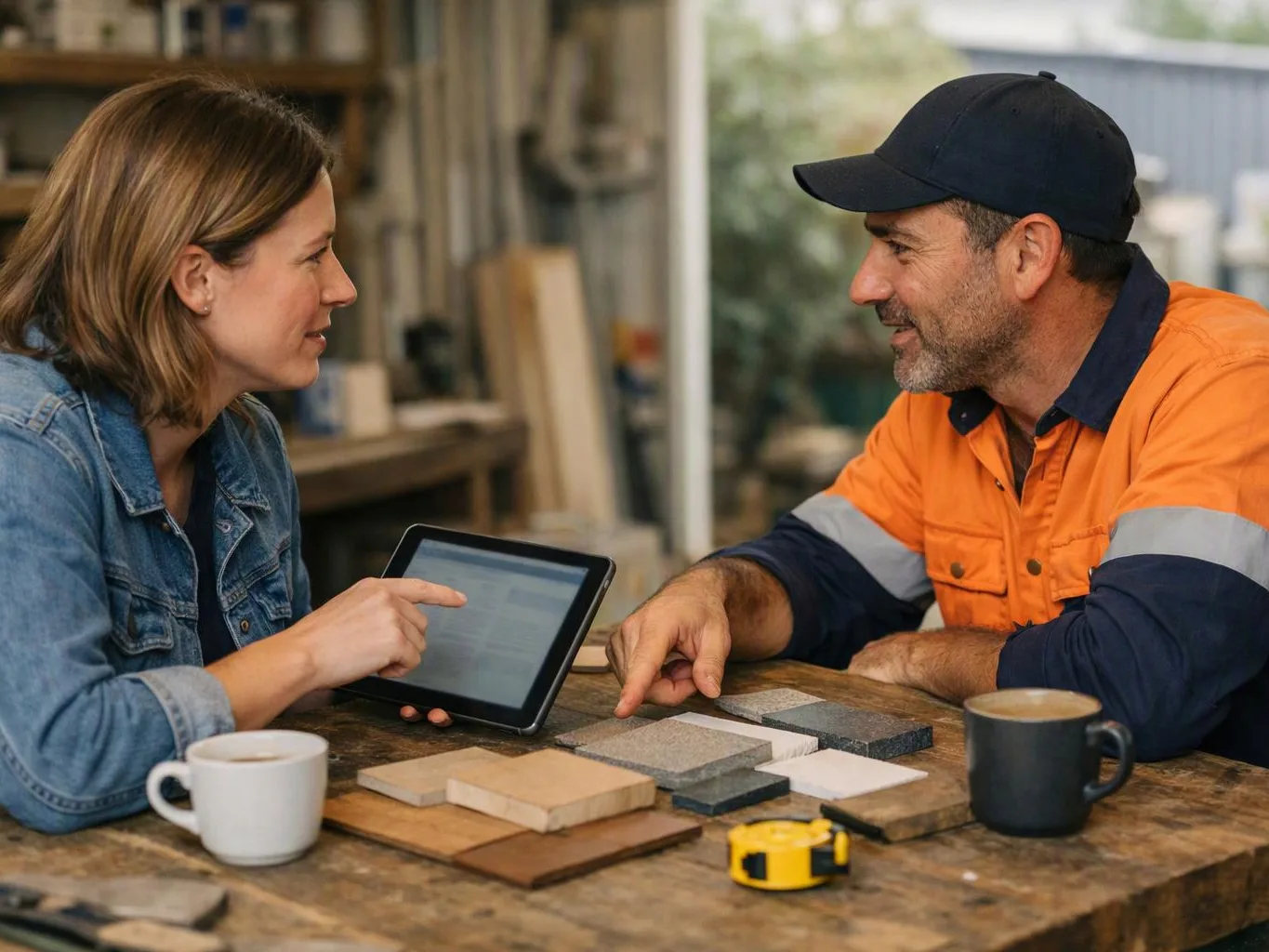 A woman and a man in work clothes talk over a tablet and material samples at a wooden table in a workshop