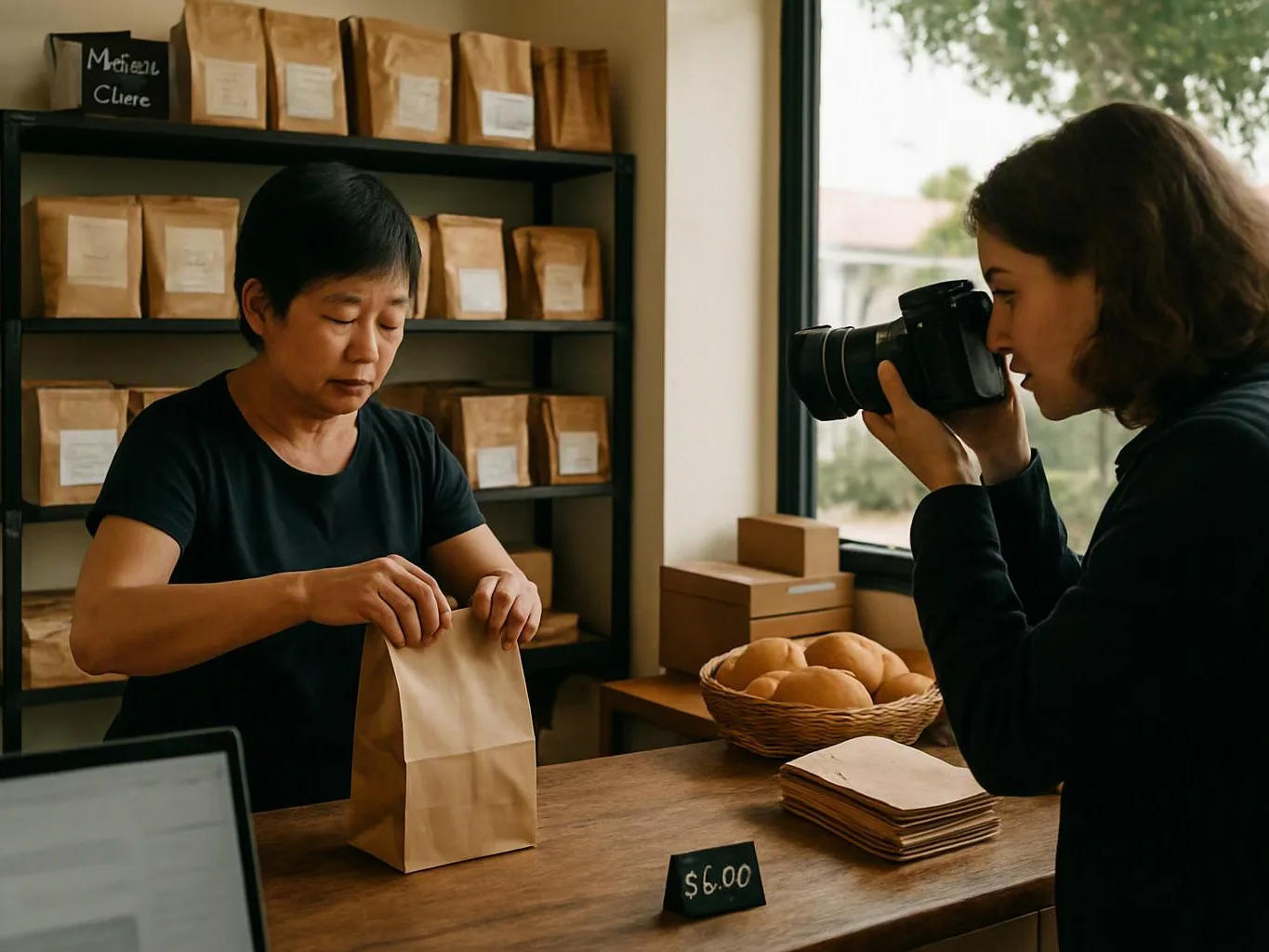 A woman photographs a shop worker packing a paper bag beside a counter with bread, boxes, and a price sign