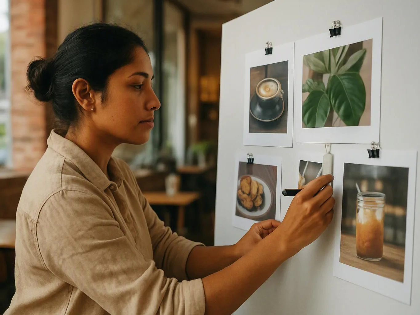 A woman pins printed photos on a white board in a softly lit room