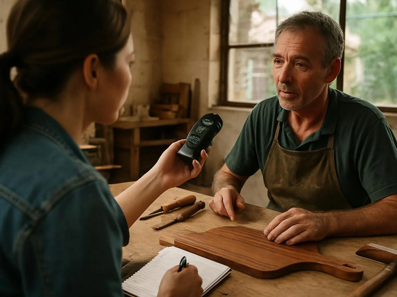 A woman records a man in an apron speaking beside a wooden cutting board in a workshop