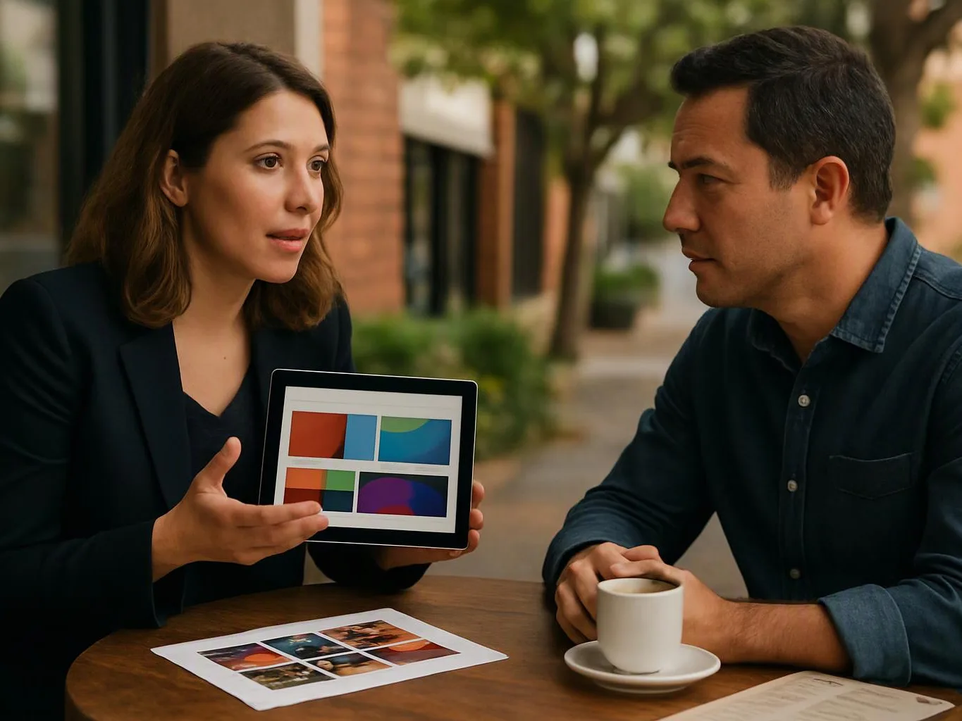 A woman shows a tablet with colourful blocks to a man at an outdoor café table
